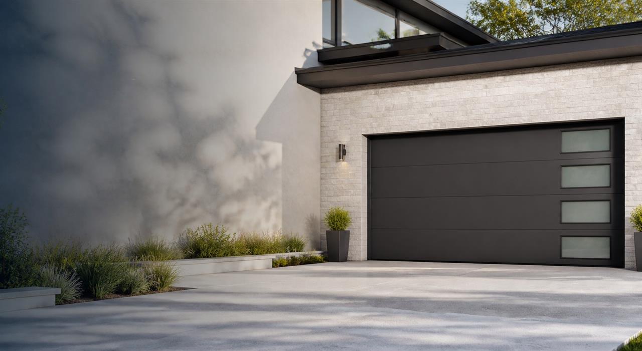 Modern flush panel garage door with vertical windows