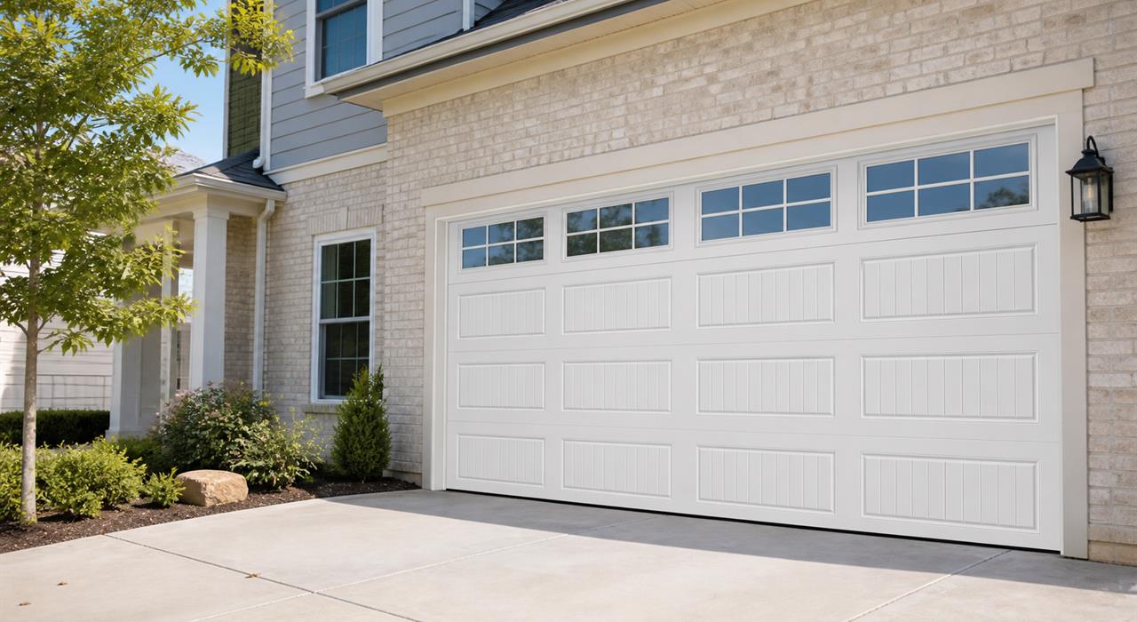 White raised panel garage door on a residential home
